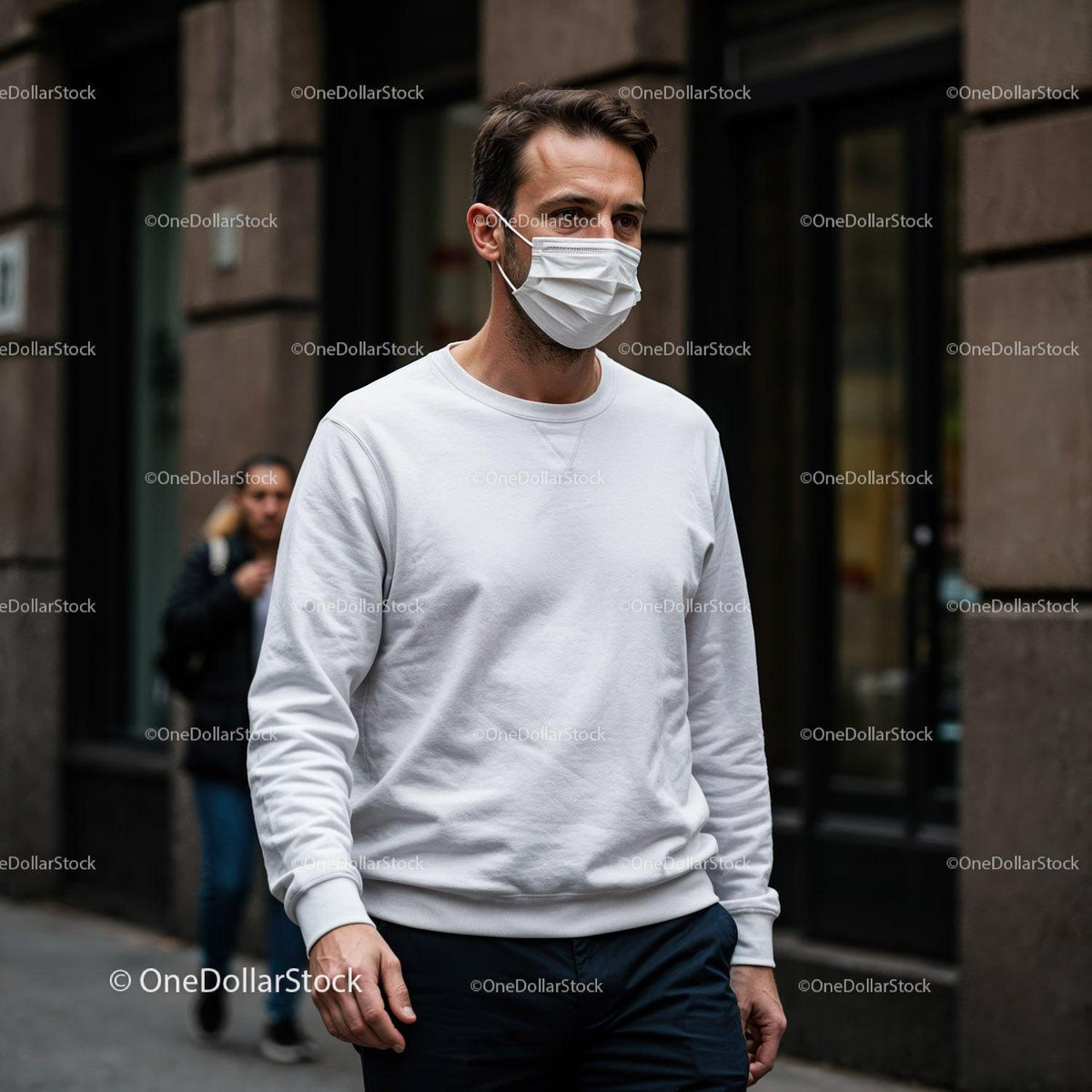 Man Wearing White Mask Walking in Urban Street JPG Mockup Image preview