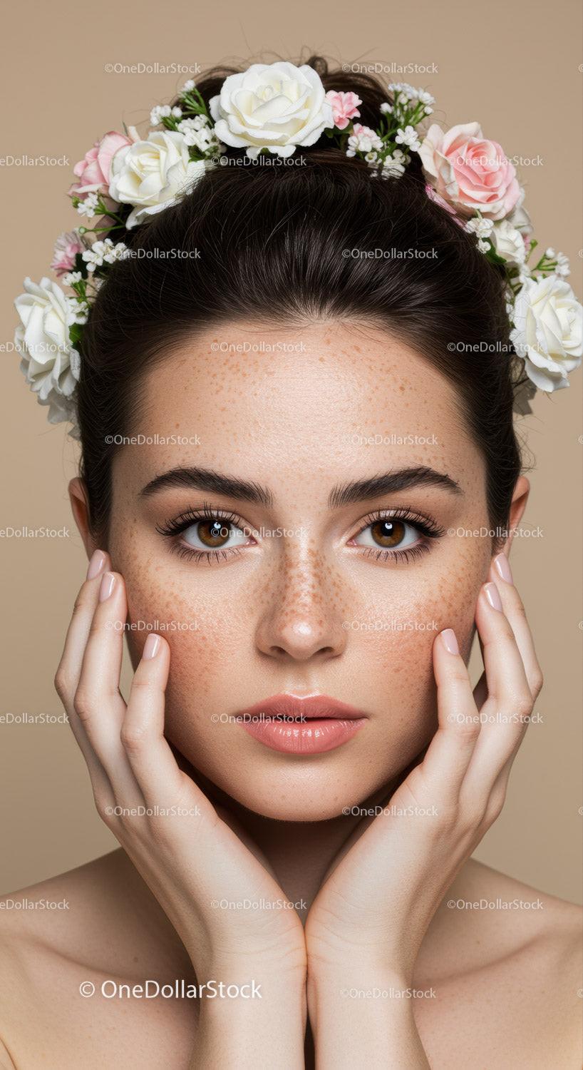 Portrait of a Young Woman with Freckles and Floral Headband
