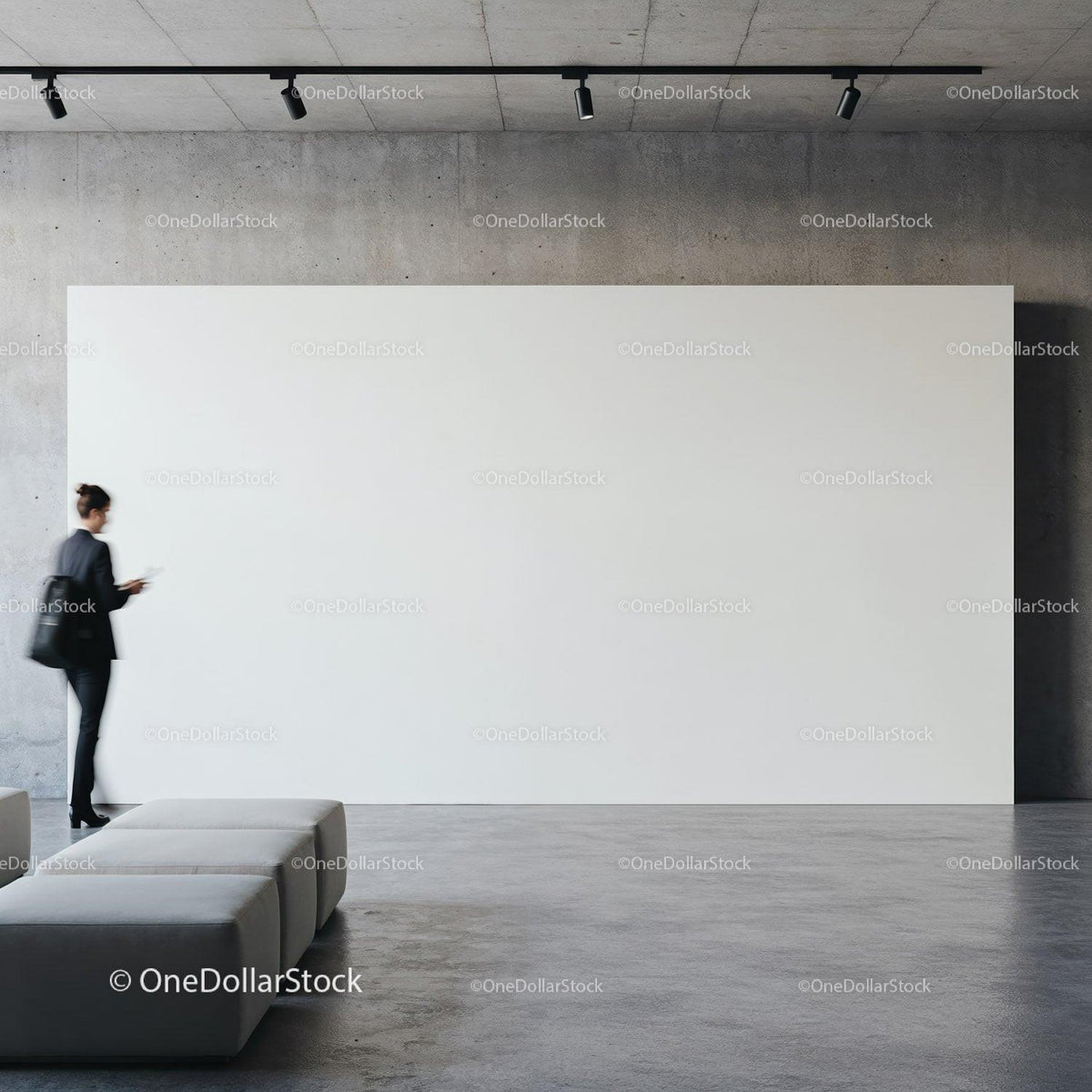 Businesswoman Walking Past Large White Wall in Gallery JPG Mockup Image preview