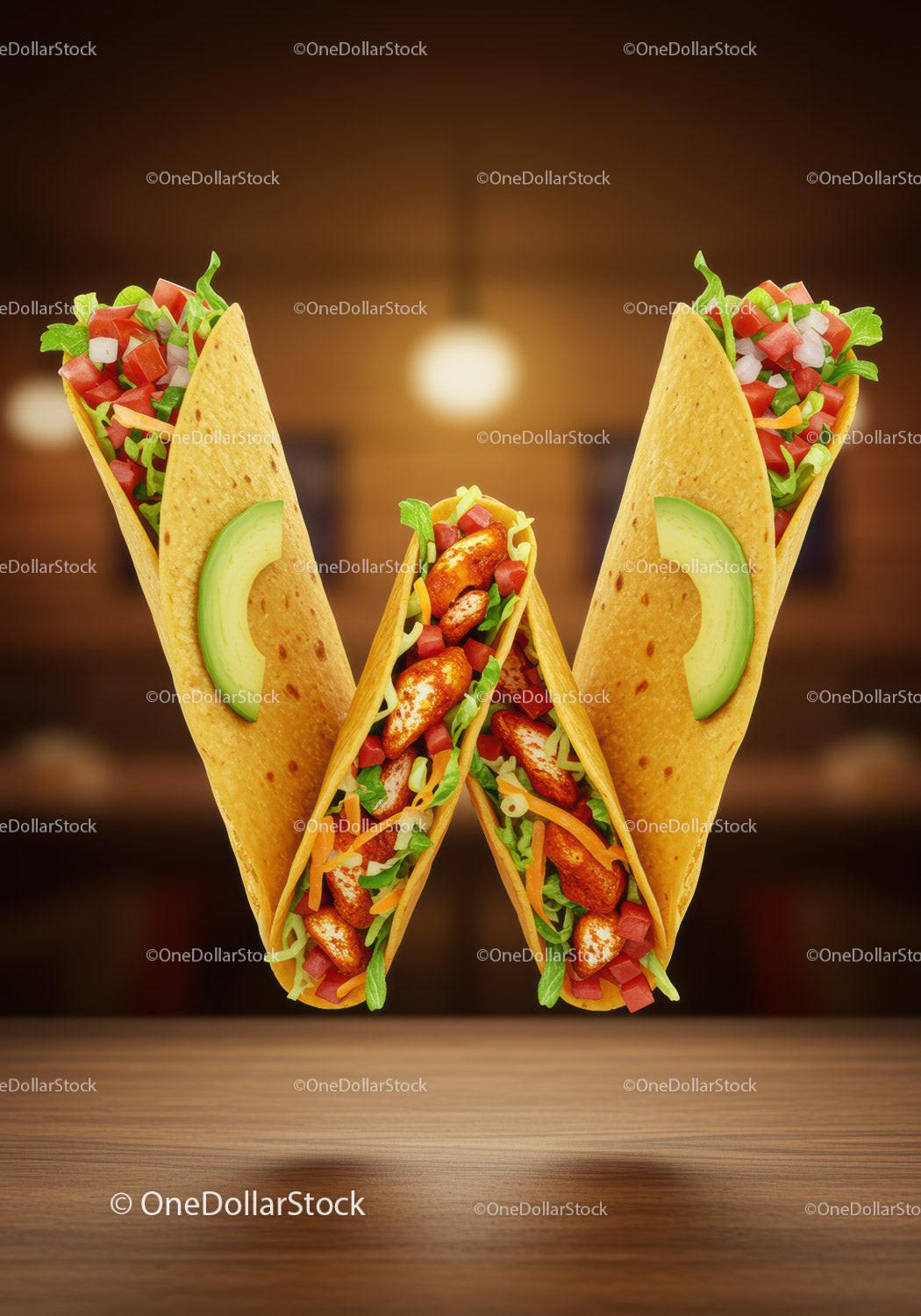 Fresh chicken tacos arranged in a creative W shape