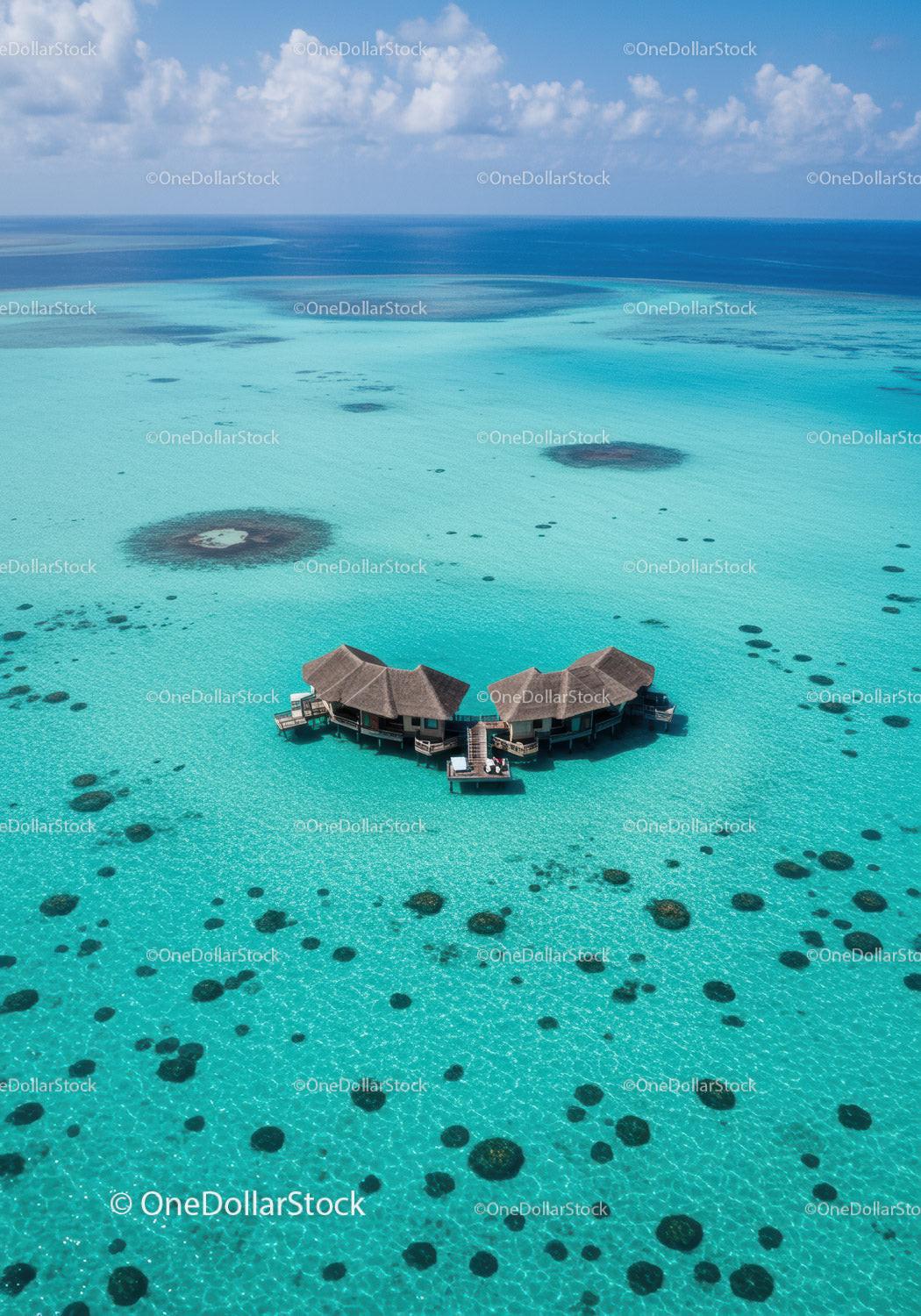 Overwater Bungalow with Turquoise Ocean and Coral Reef Under Clear Sky