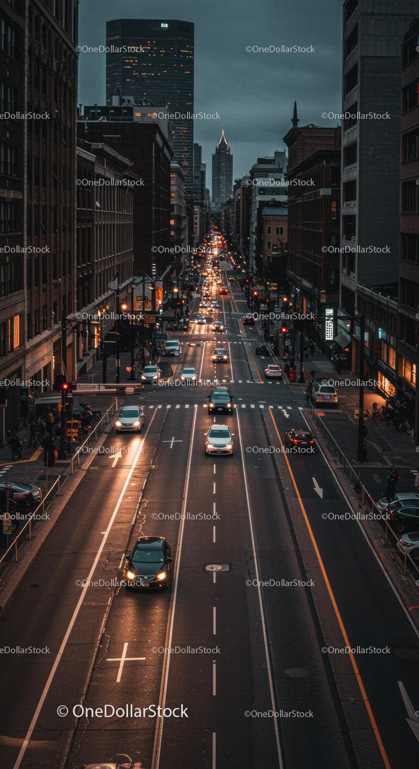 Urban City Street at Twilight with Traffic and Skyscrapers