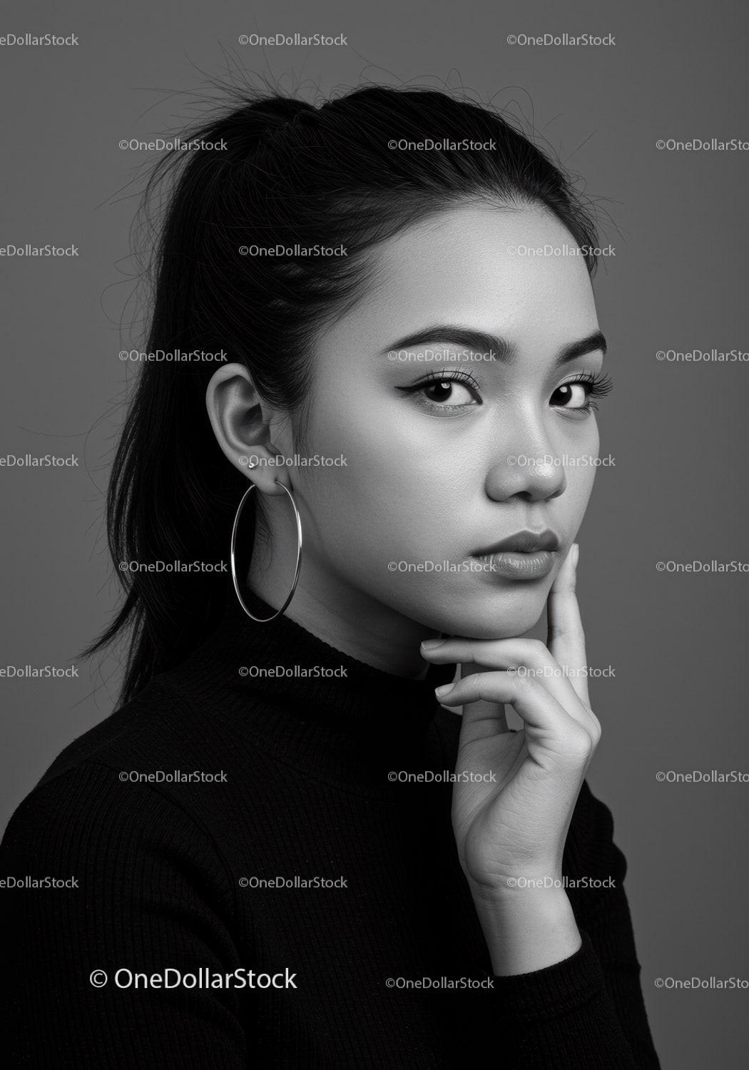 Elegant Black and White Portrait of a Confident Asian Woman