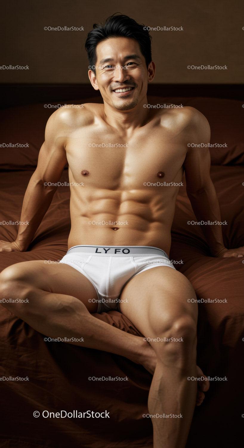 Fit man relaxing on bed in white underwear