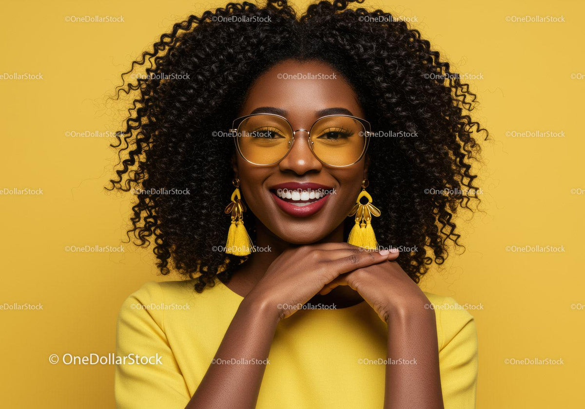 Smiling African American Woman with Curly Hair and Yellow Accessories