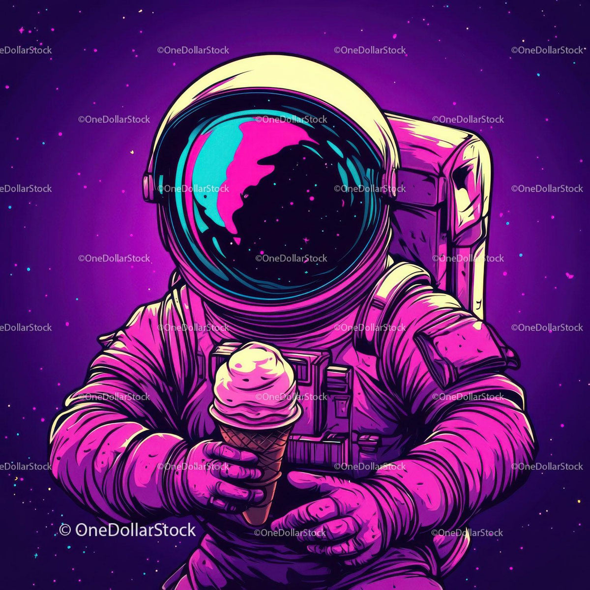 Illustration of astronaut in space suit holding ice cream cone against purple starry background
