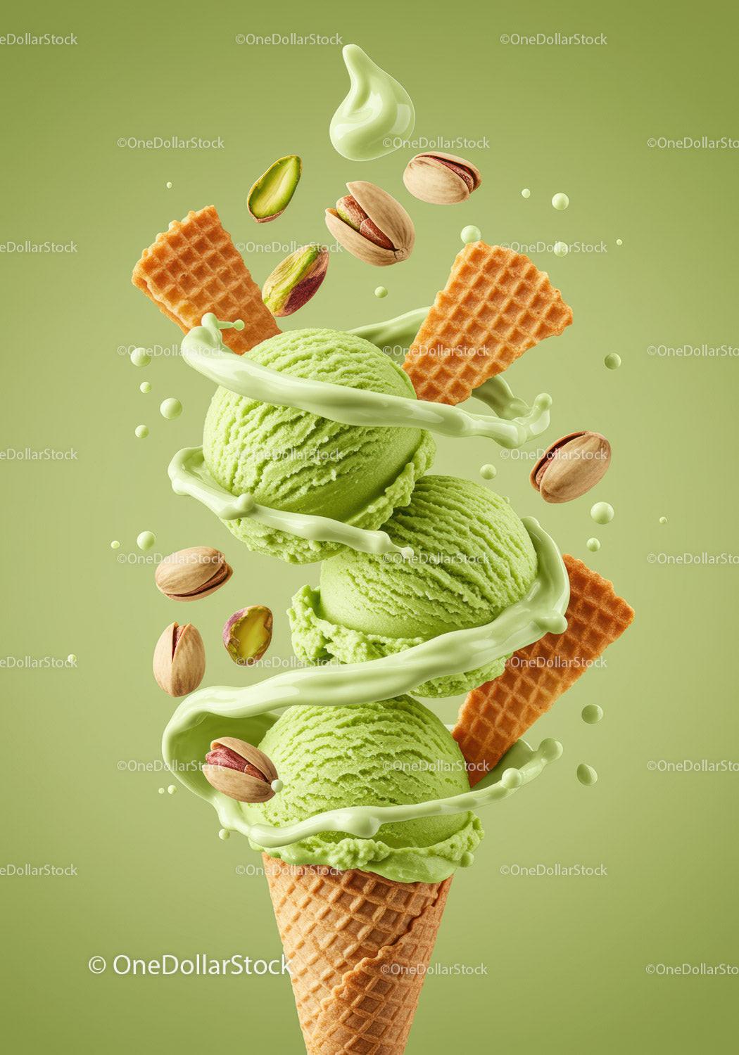 Refreshing pistachio ice cream cone with nuts and wafers