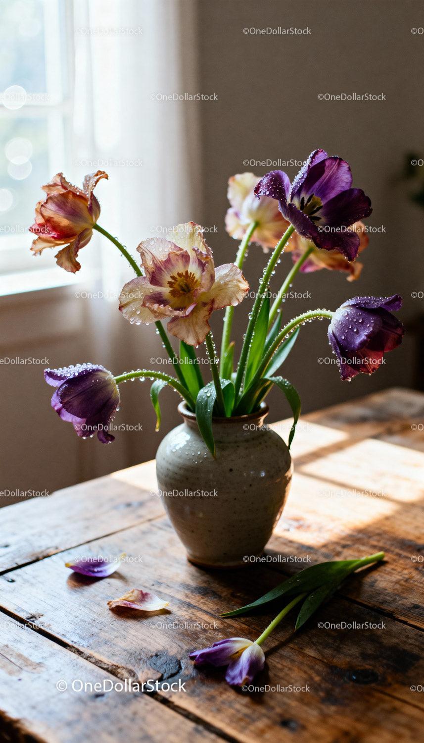 Delicate tulips with water droplets in soft daylight