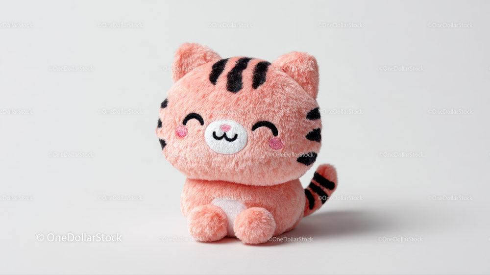 Small orange plush cat toy with black stripes and smiling face on white background