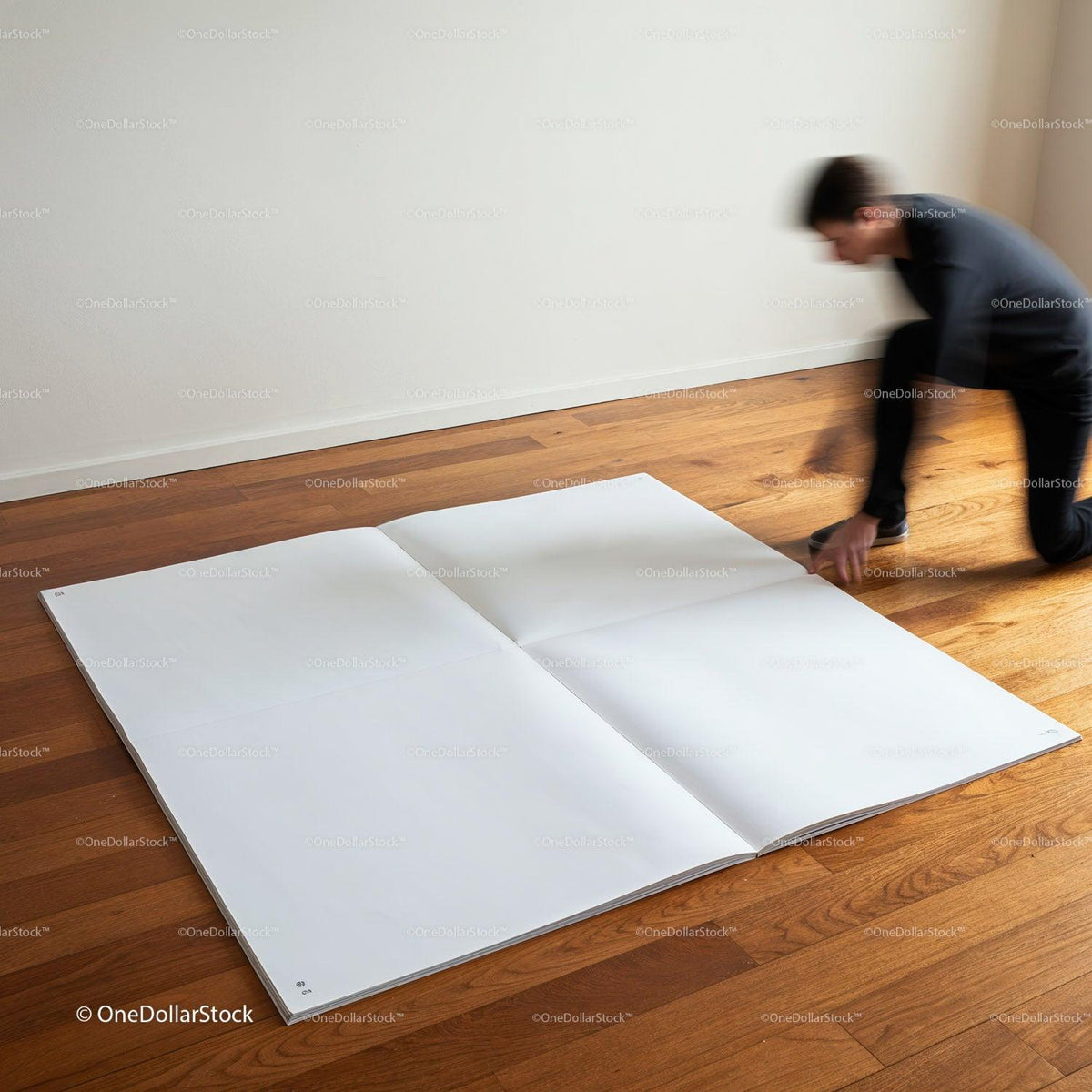 Person Unfolding Huge Blank Paper on Wooden Floor JPG Mockup Image preview