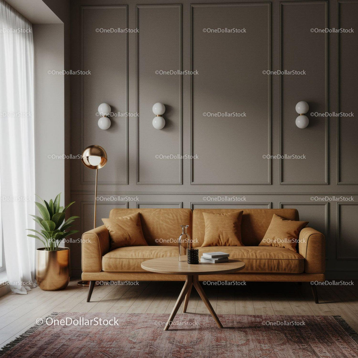Elegant Modern Living Room with Beige Sofa and Decorative Wall Panels