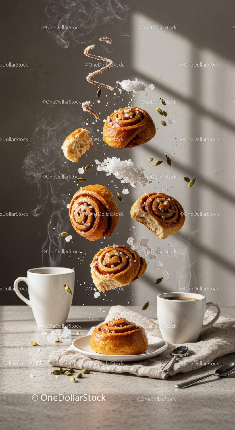Fresh Cinnamon Rolls with Coffee and Spices in Morning Light