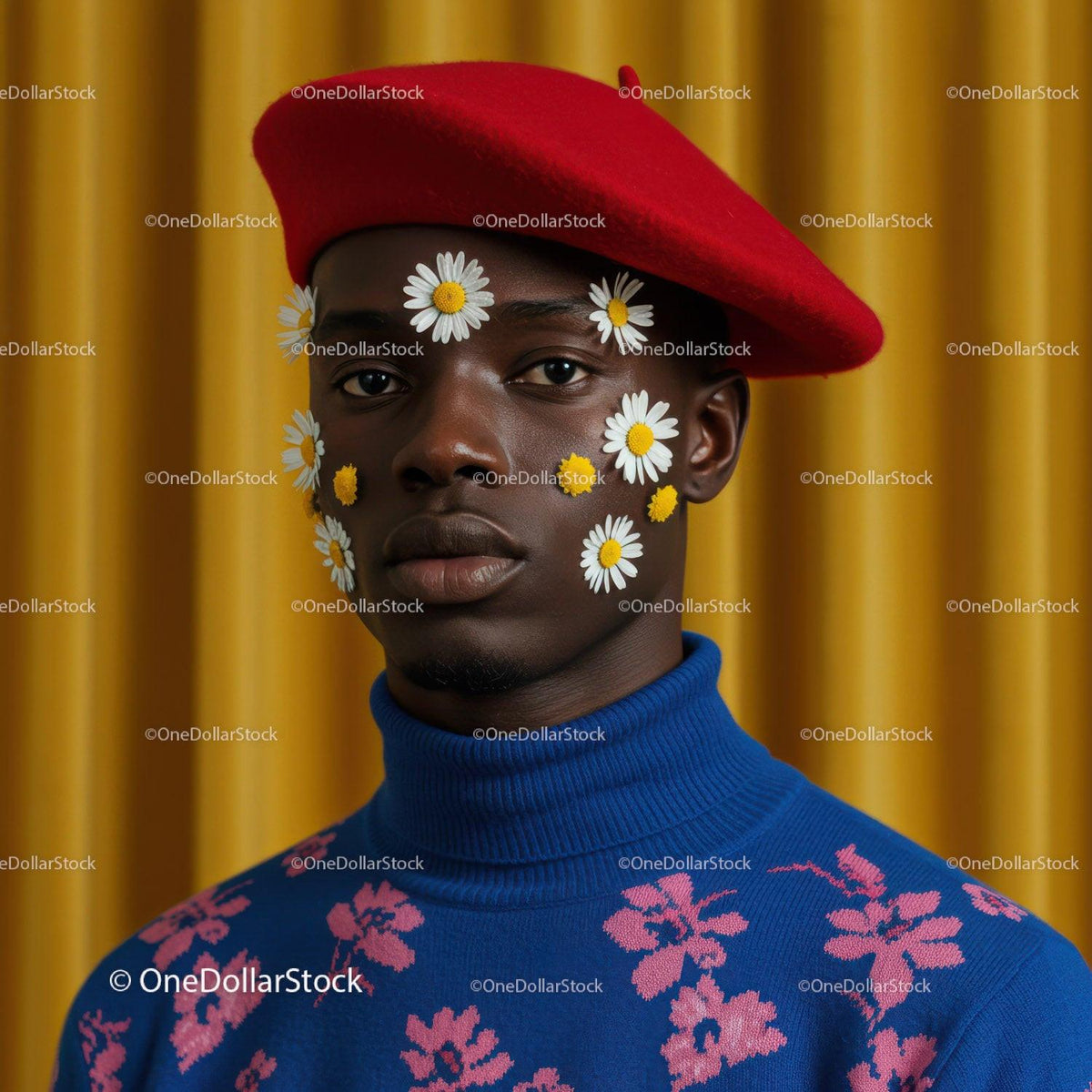 Stylish man with daisies on face wearing red beret