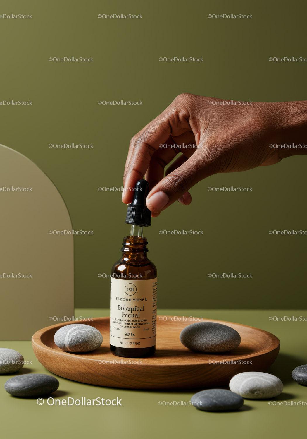 Facial Serum Dropper with Natural Skincare Ingredients on Wooden Tray JPG Mockup Image preview