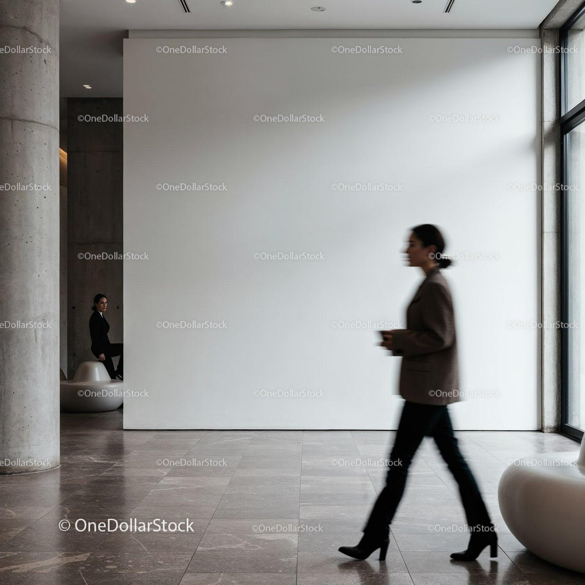 Businesswoman walking past minimalist modern gallery space JPG Mockup Image preview
