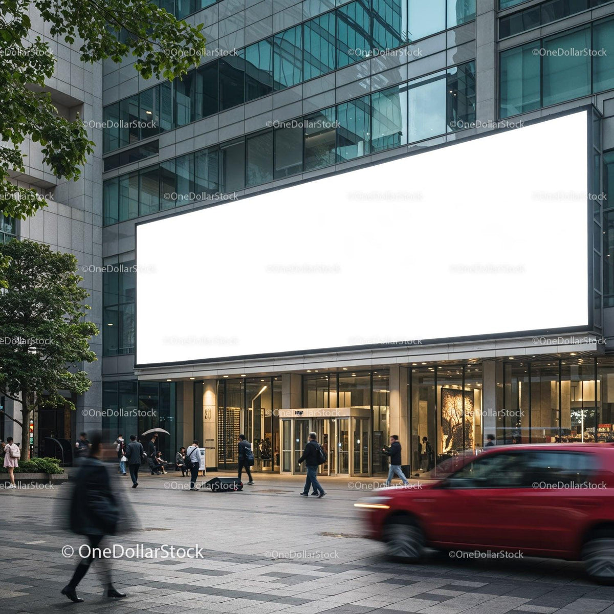 Busy street scene with large blank billboard and pedestrians JPG Mockup Image preview