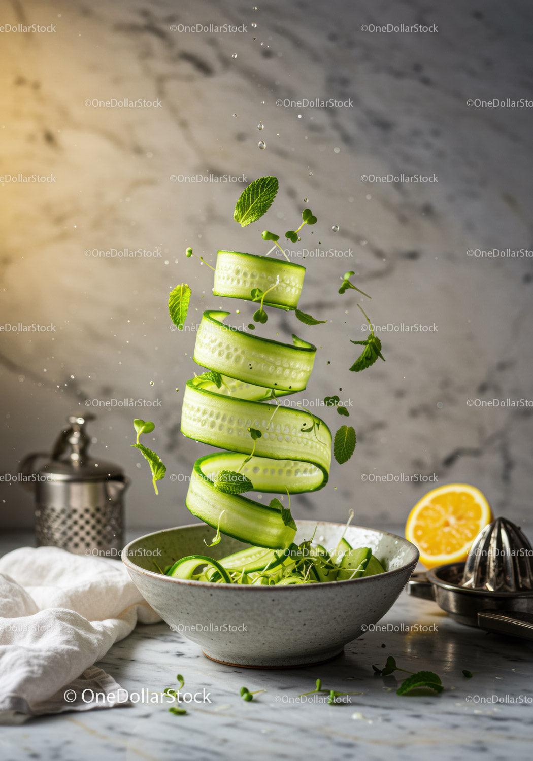 Fresh cucumber ribbons with herbs in rustic bowl