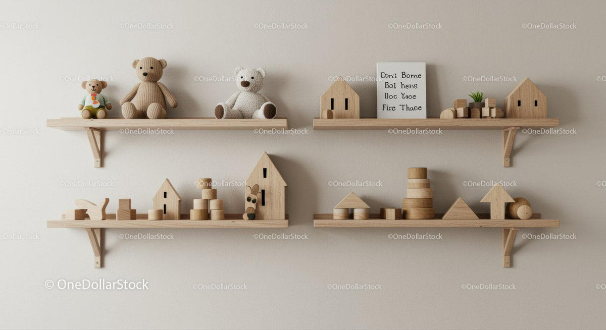 Minimalist Wooden Shelves with Plush Toys and Wooden Baby Houses