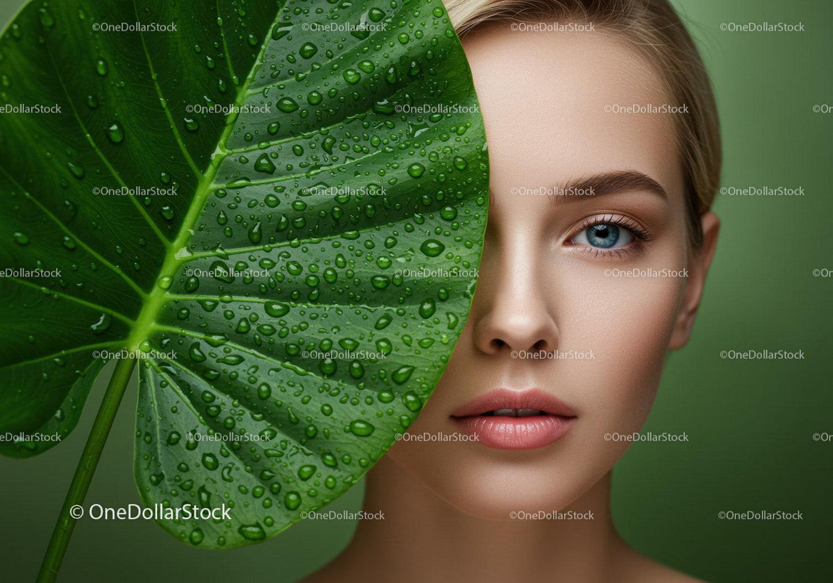 Close-Up of Woman with Blue Eyes Behind Large Green Leaf with Dew Drops