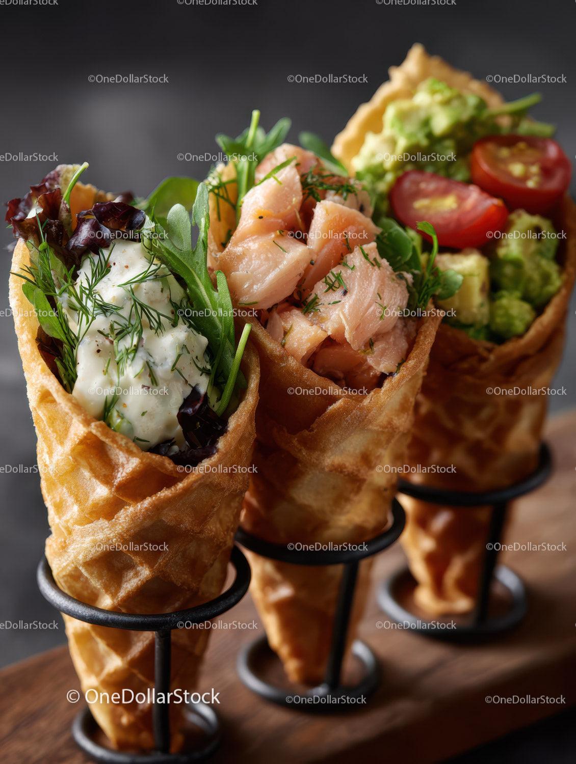 Delicious Waffle Cone Appetizers with Fresh Vegetables and Salmon
