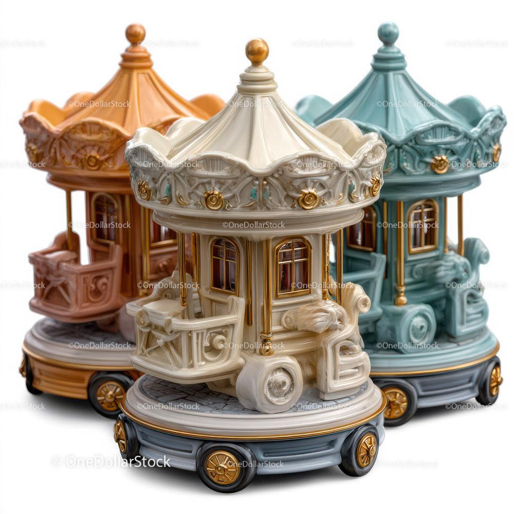 Three miniature vintage style carousel music boxes in cream, orange, and teal with ornate details and wheels