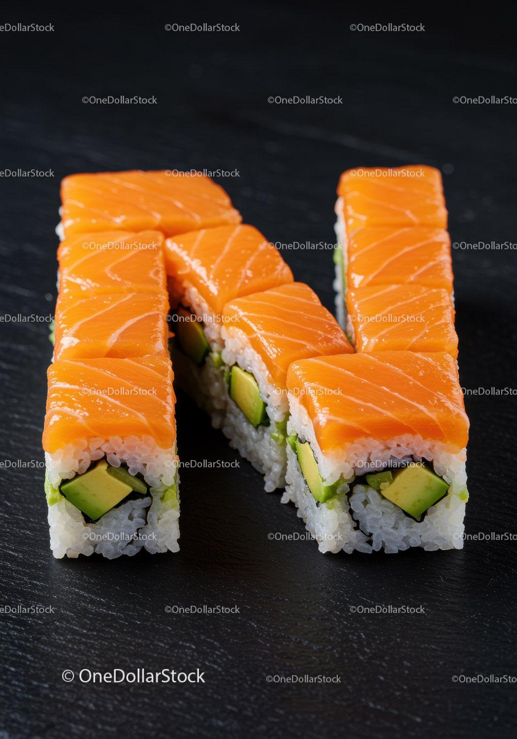 Fresh Salmon Avocado Sushi Rolls on Black Slate