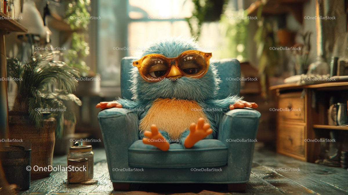 Blue furry creature wearing brown sunglasses sitting in blue armchair surrounded by plants