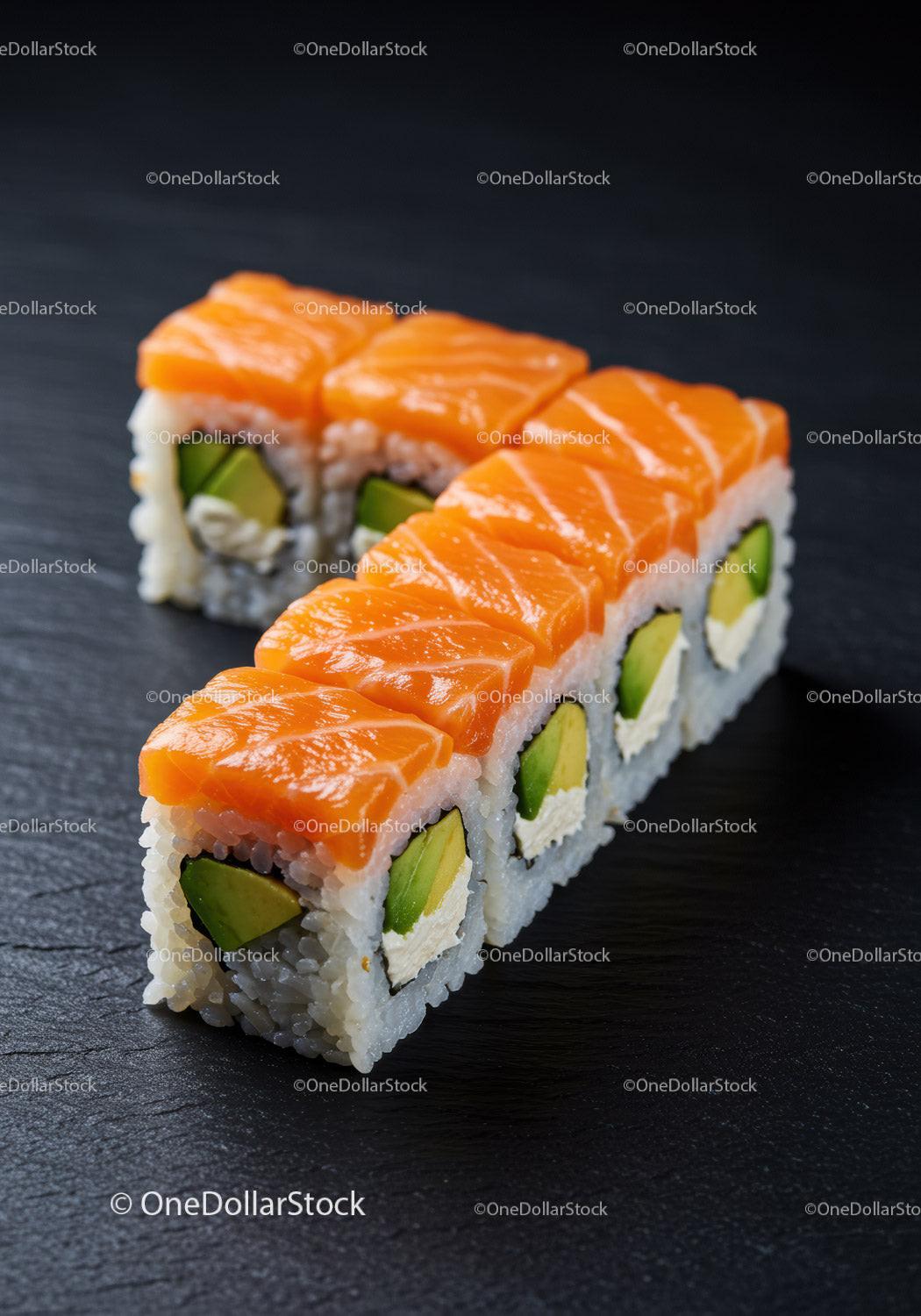 Fresh Salmon and Avocado Sushi Rolls on Black Slate