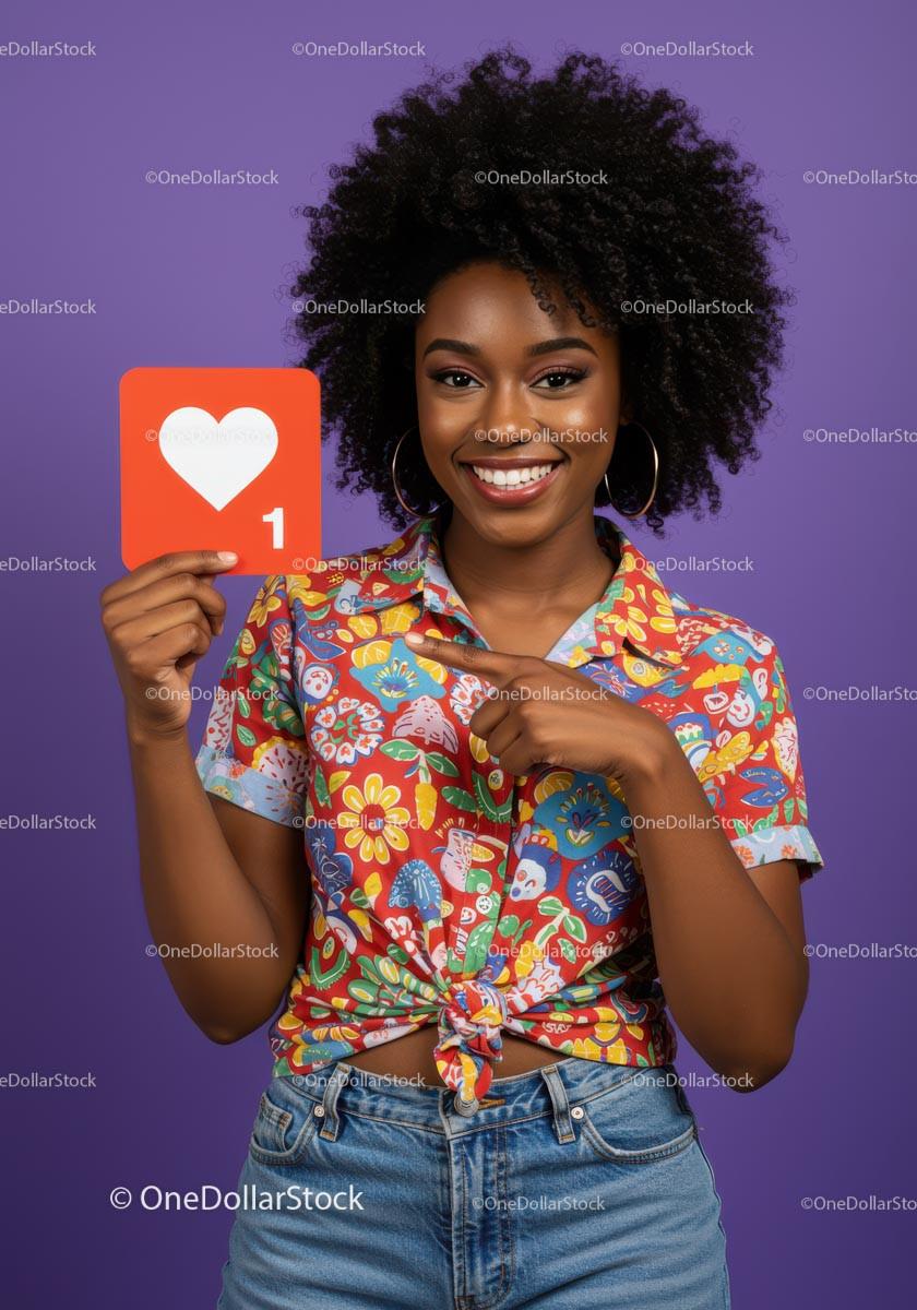 Smiling Woman Holding Love Icon in Colorful Outfit Against Purple Background