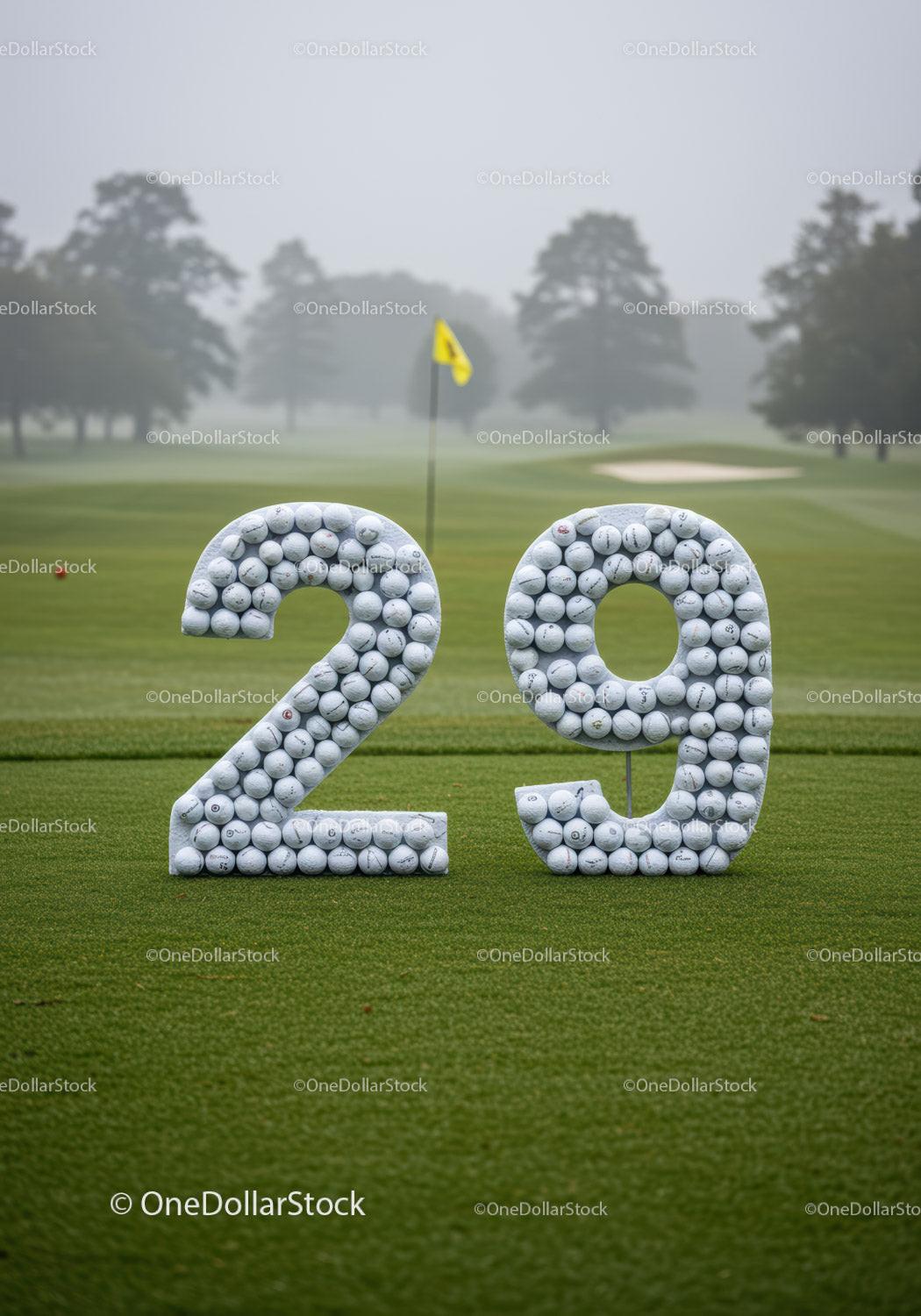 Number 29 Display Made of Golf Balls on Green Course