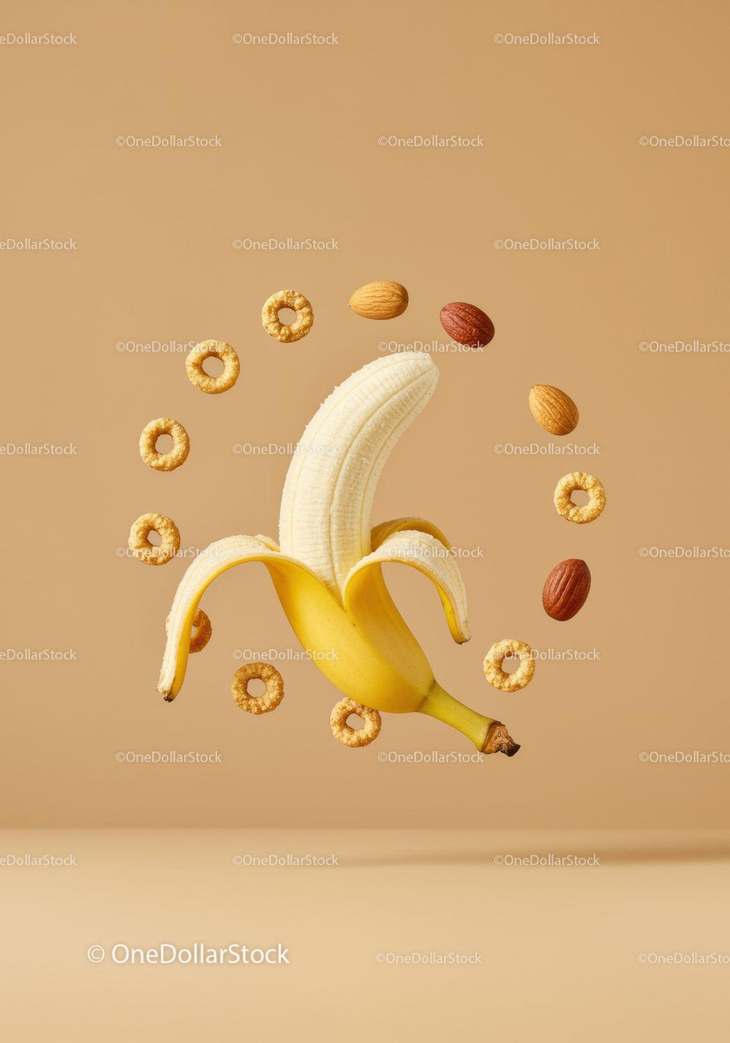 Fresh Half-Peeled Banana with Nuts and Cereal Rings