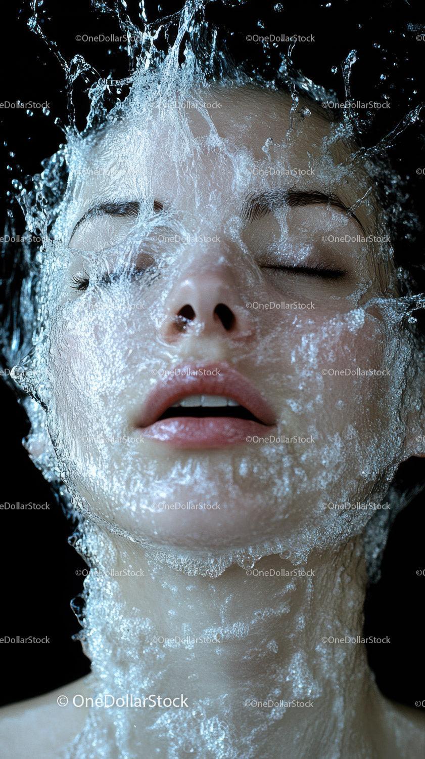 Close-up of woman face with closed eyes and flowing water droplets on skin