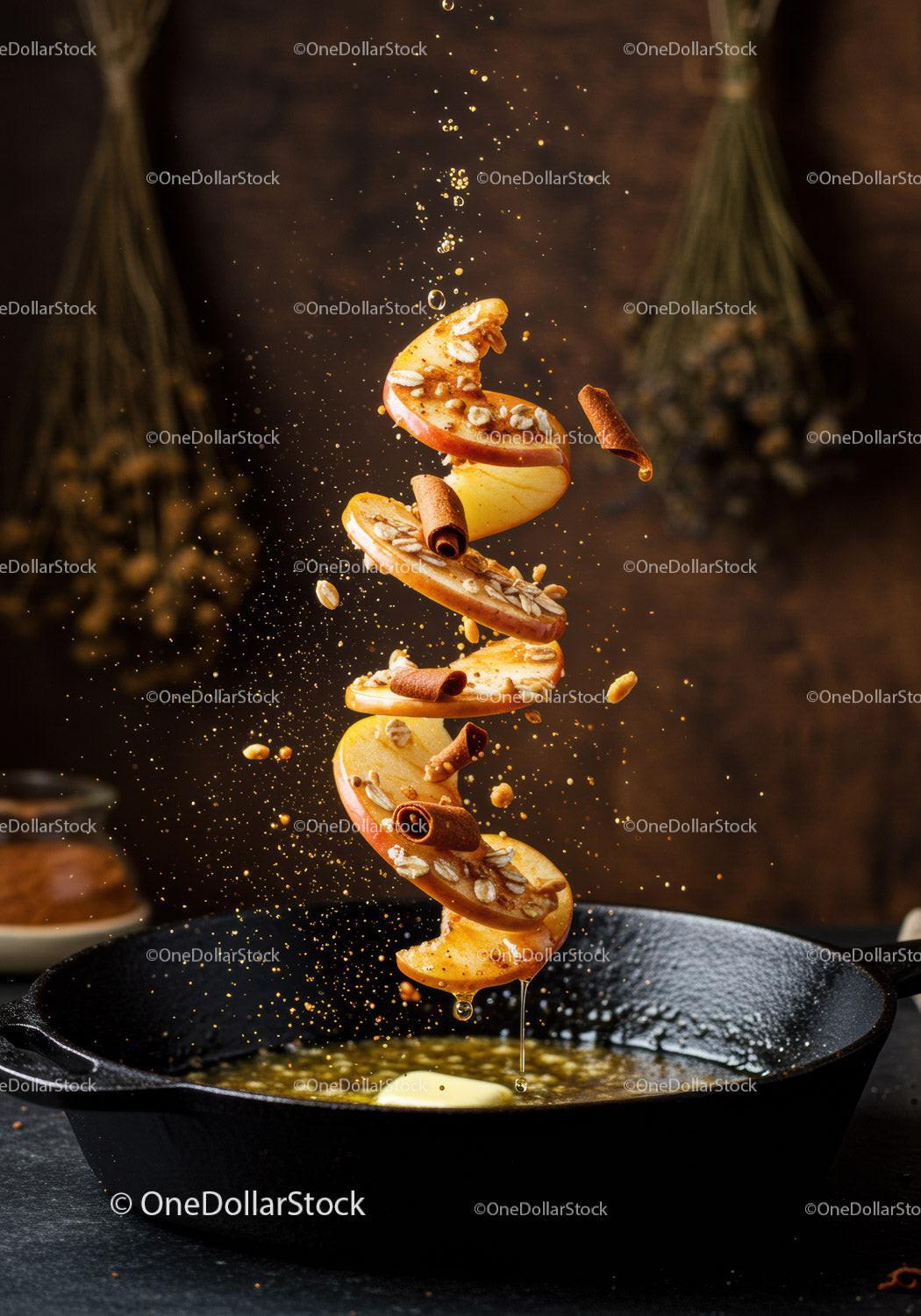 Cinnamon-Spiced Apple Slices Falling into Skillet with Butter