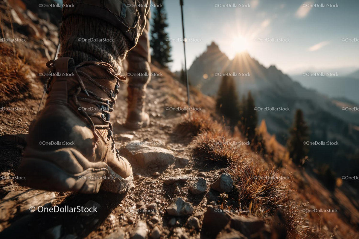 Close-up of Hiking Boots on Rocky Mountain Trail at Sunset