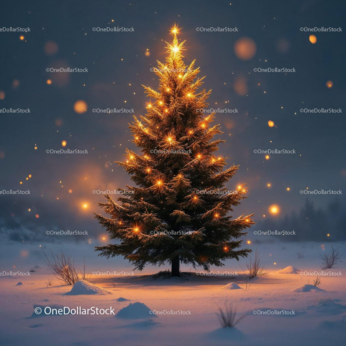 Illuminated Christmas tree glowing warmly in snowy field