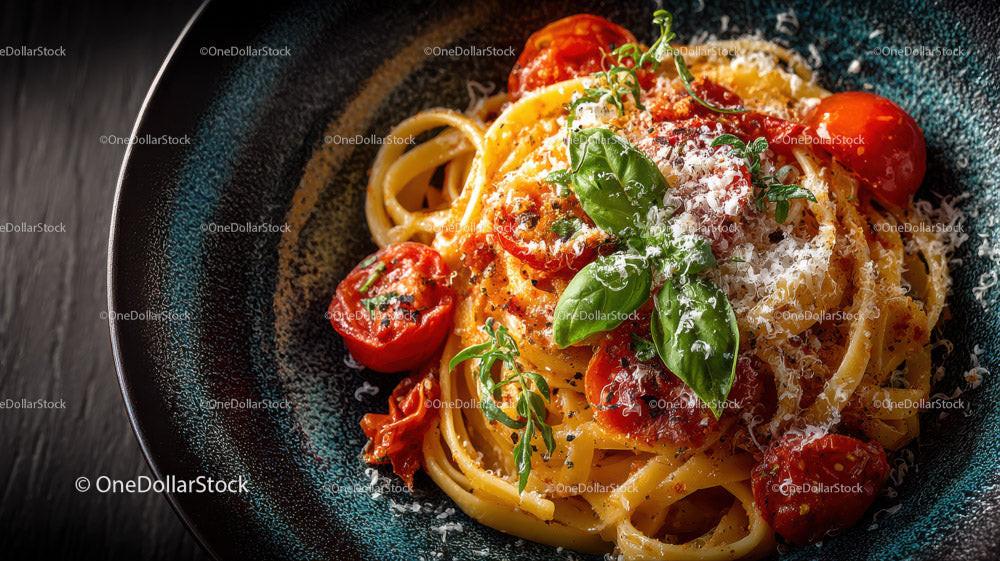 Creamy Fettuccine Pasta with Cherry Tomatoes and Basil Stock Photo Bundle preview 10