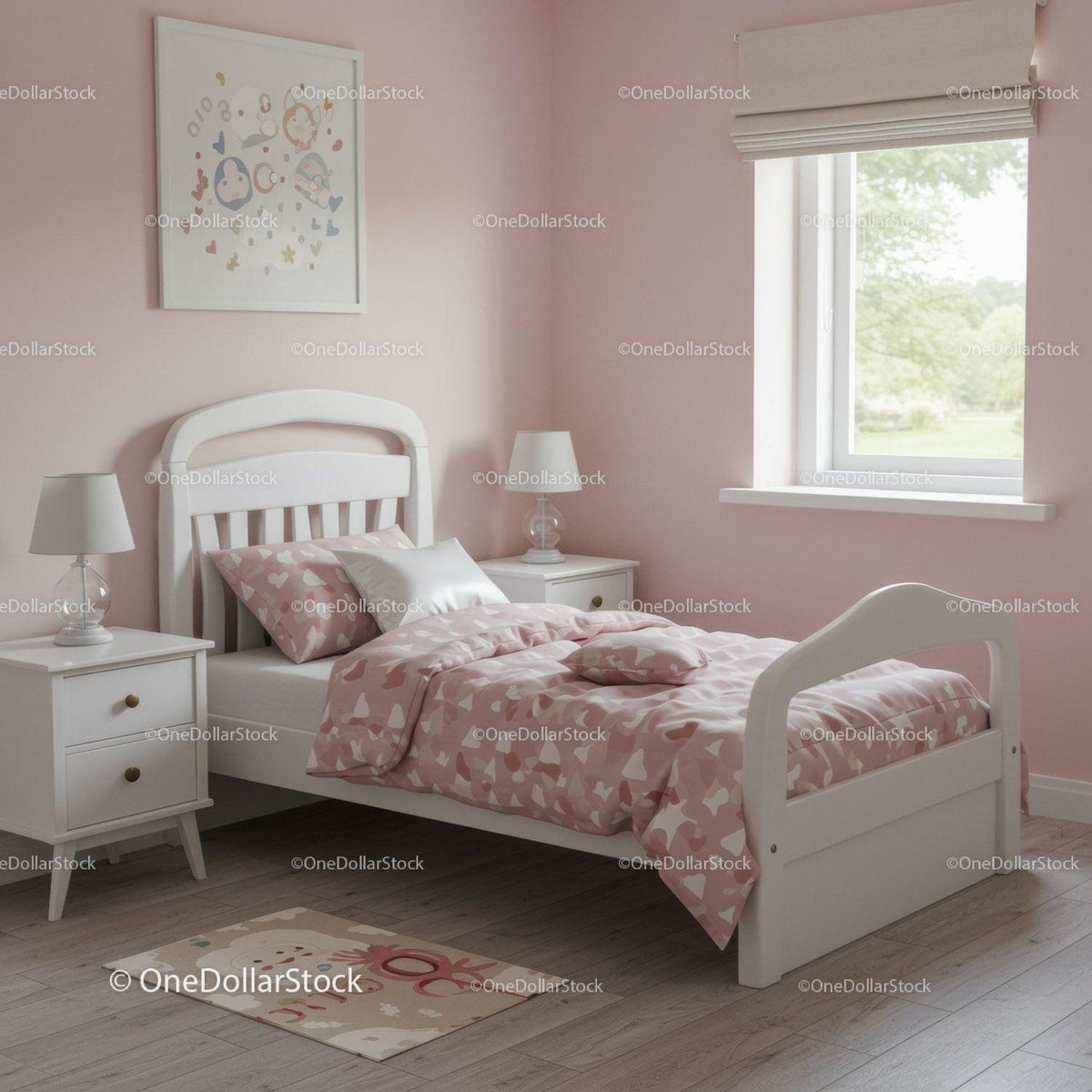 Pink and White Bedroom with Heart Pattern Bedding and Cozy Atmosphere