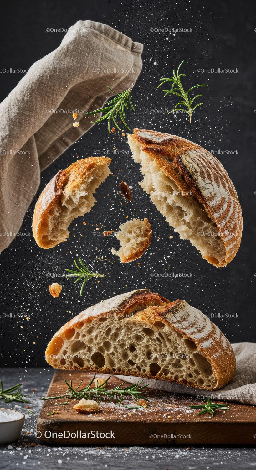 Rustic artisan bread with fresh rosemary and flour dust