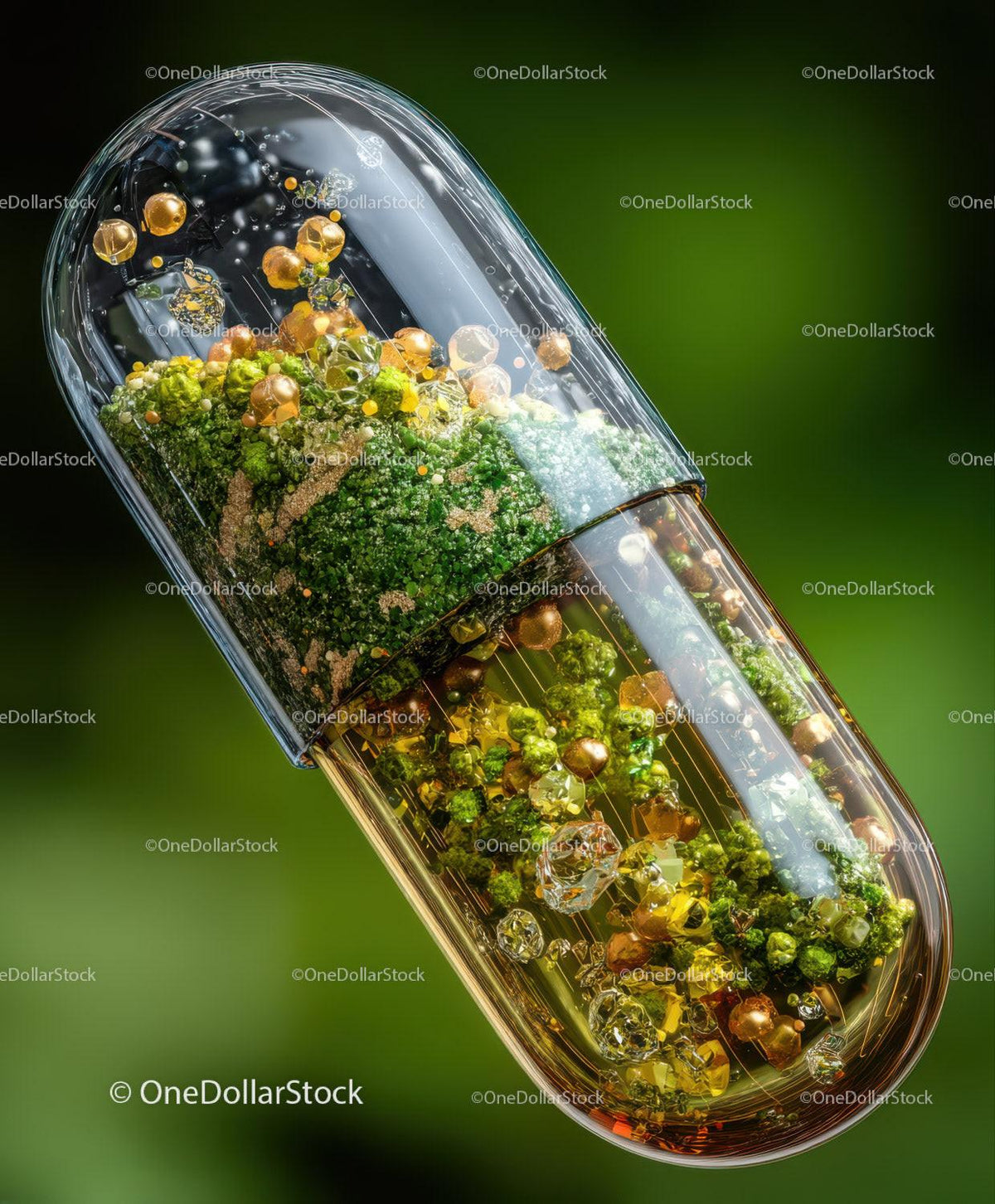 Transparent capsule filled with green moss textures and small golden spheres against green background