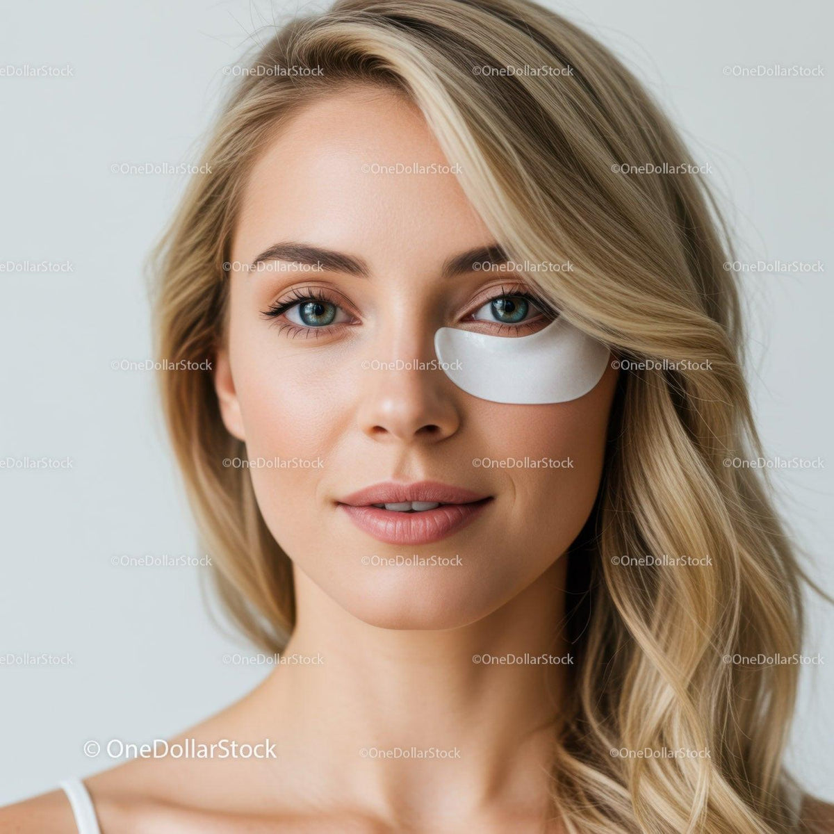 Portrait of a Blonde Woman with Clear Skin and Bright Blue Eyes