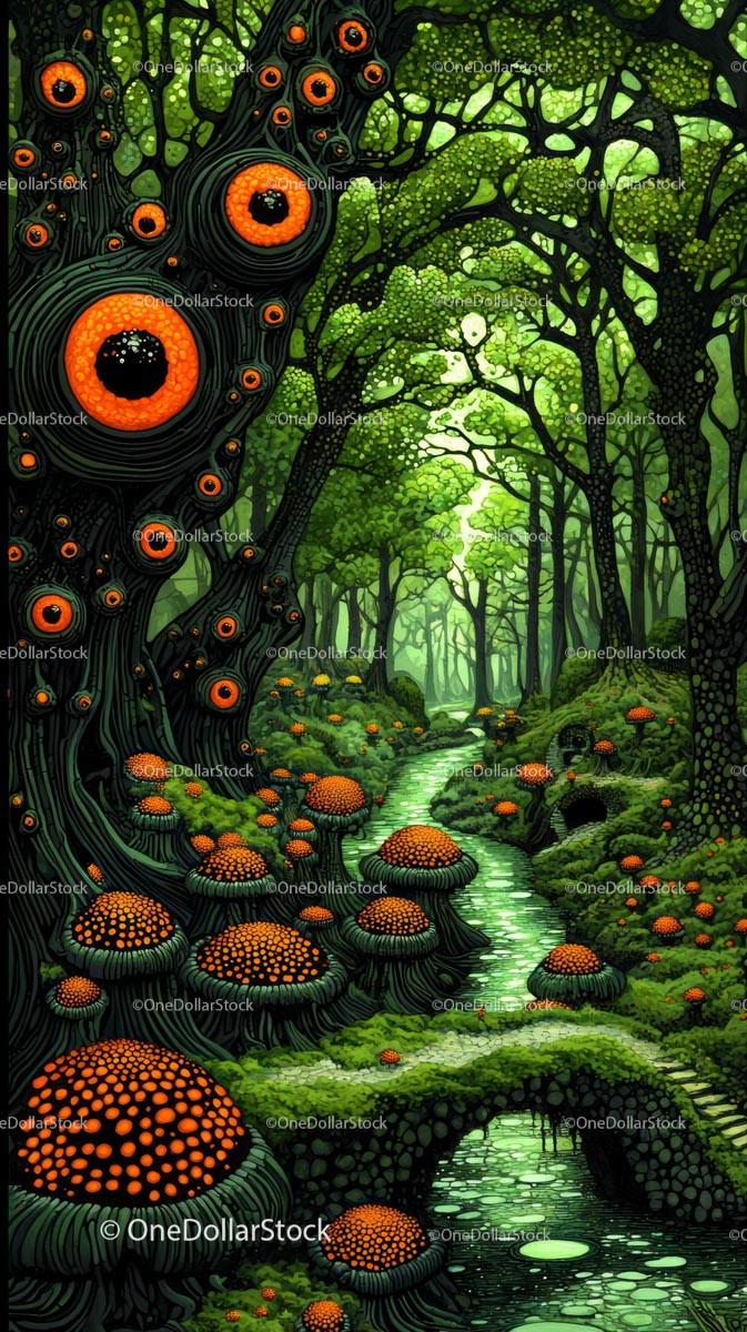 Vibrant Fantasy Forest with Glowing Mushrooms and Lush Greenery