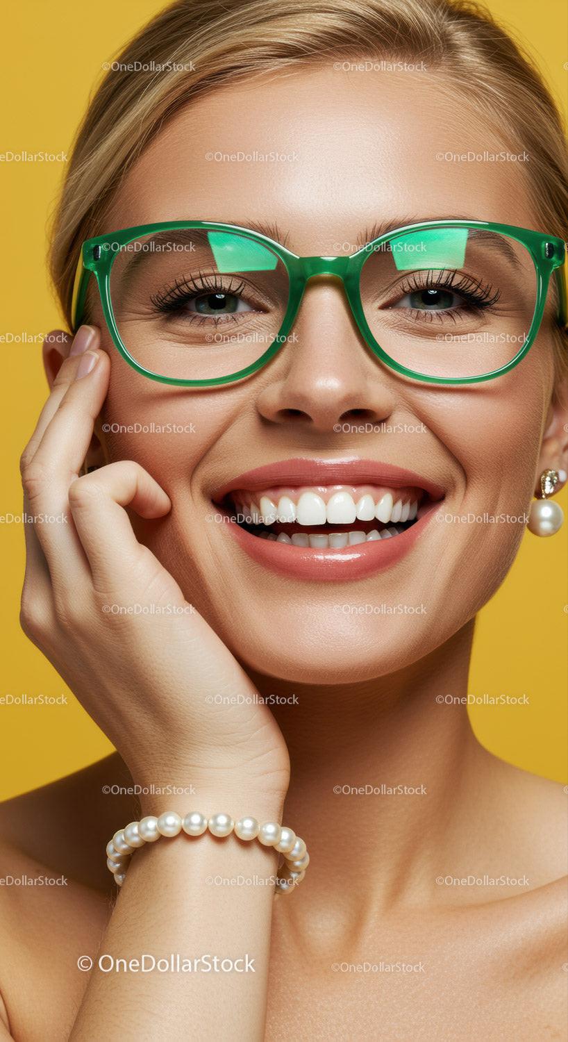 Smiling woman in green glasses and pearl jewelry
