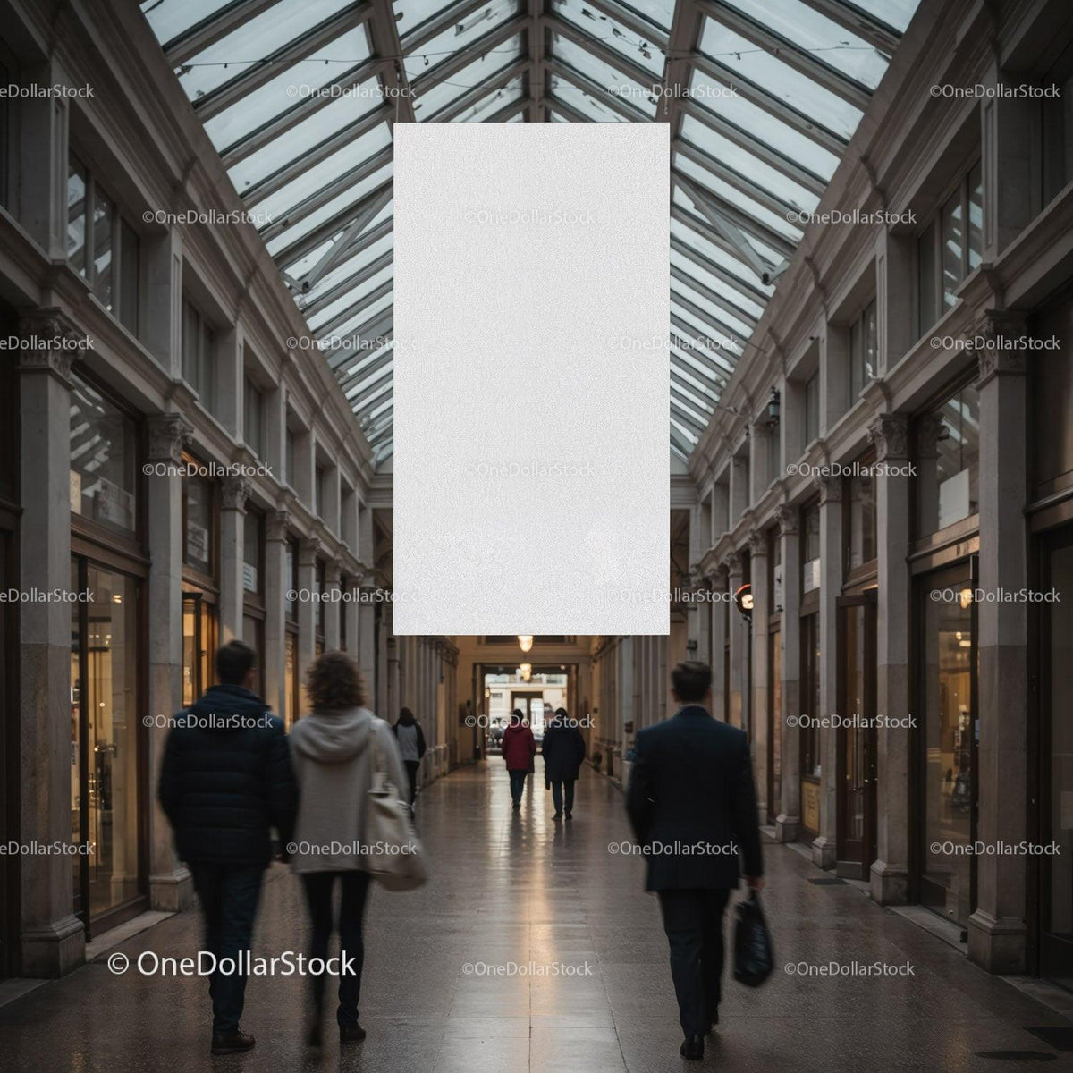 People walking in spacious covered shopping arcade JPG Mockup Image preview
