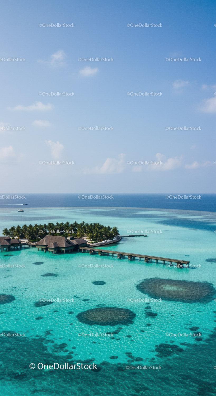 Beautiful Overwater Bungalows and Pier Amid Turquoise Ocean and Clear Sky