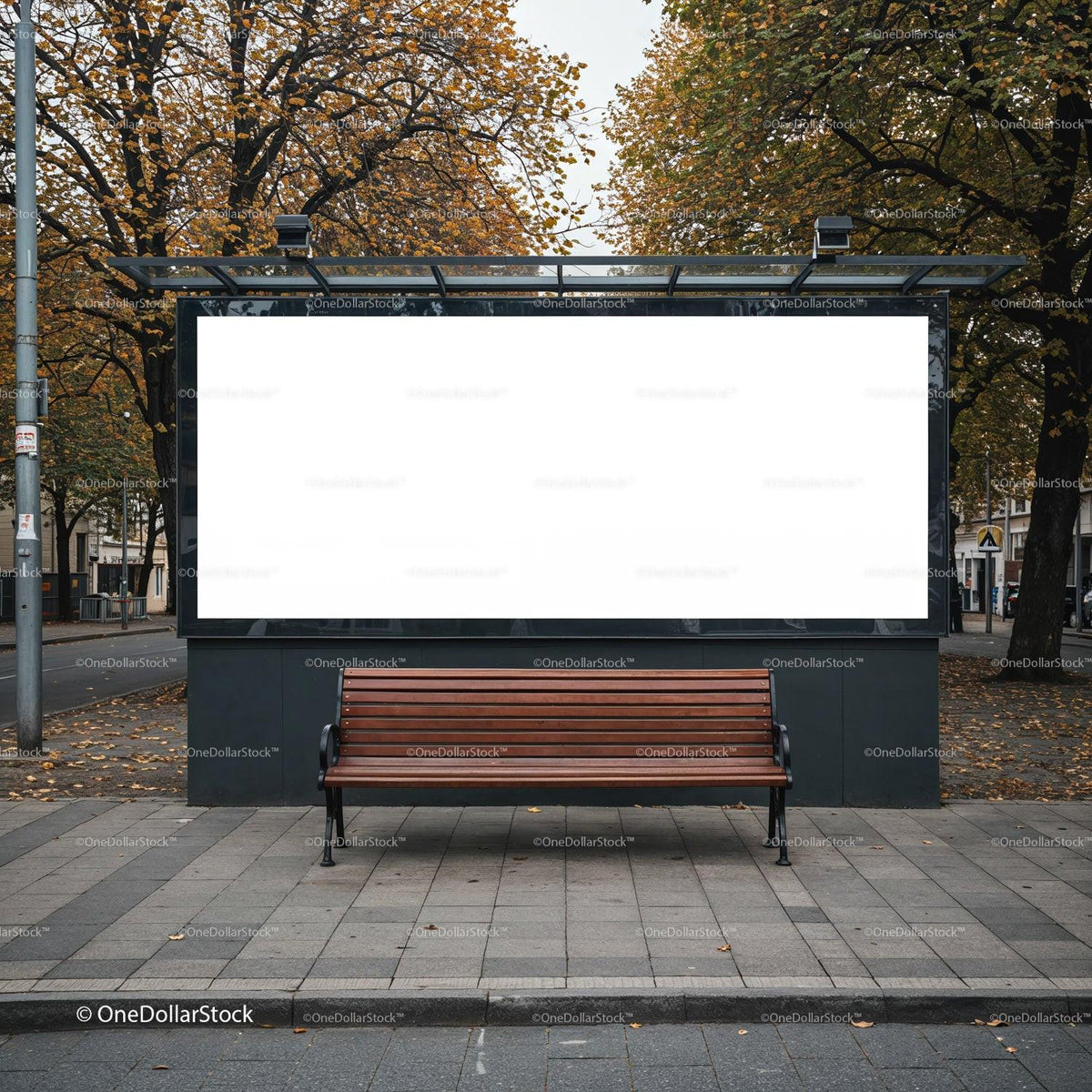Empty urban bench with blank billboard in autumn city park JPG Mockup Image preview