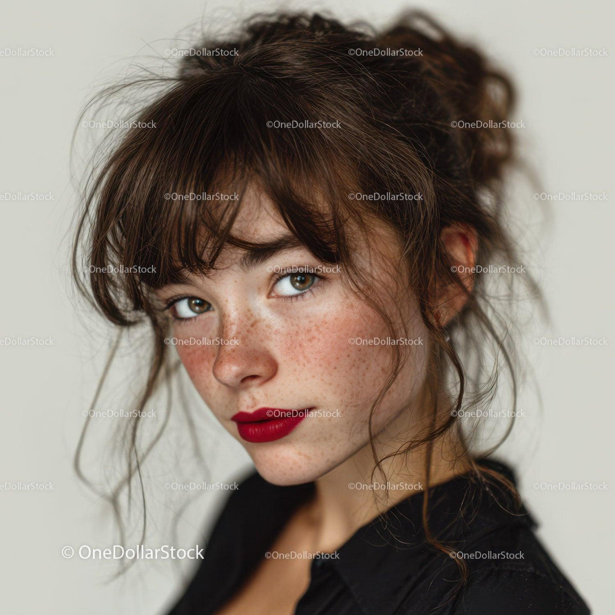 Freckled Woman with Brown Curly Hair and Red Lipstick Portrait