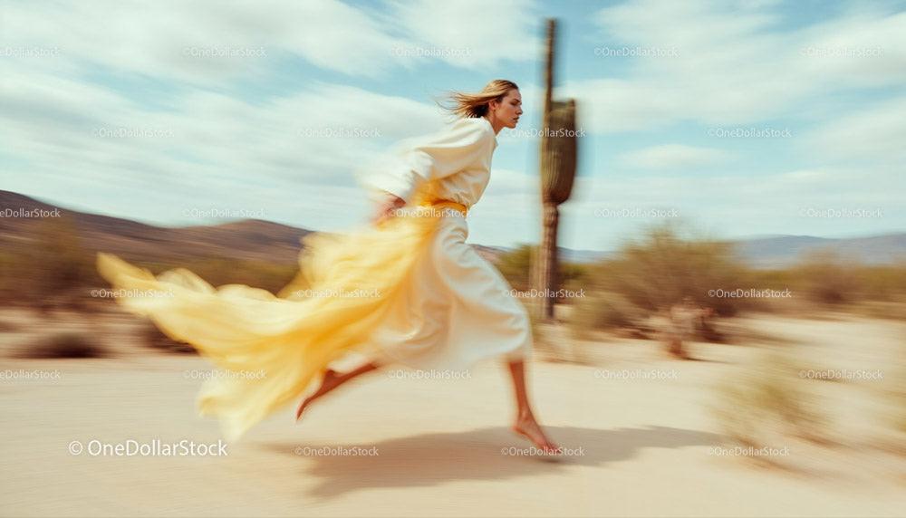 Woman Running in a Desert Landscape with Cacti Stock Photo Bundle preview 12