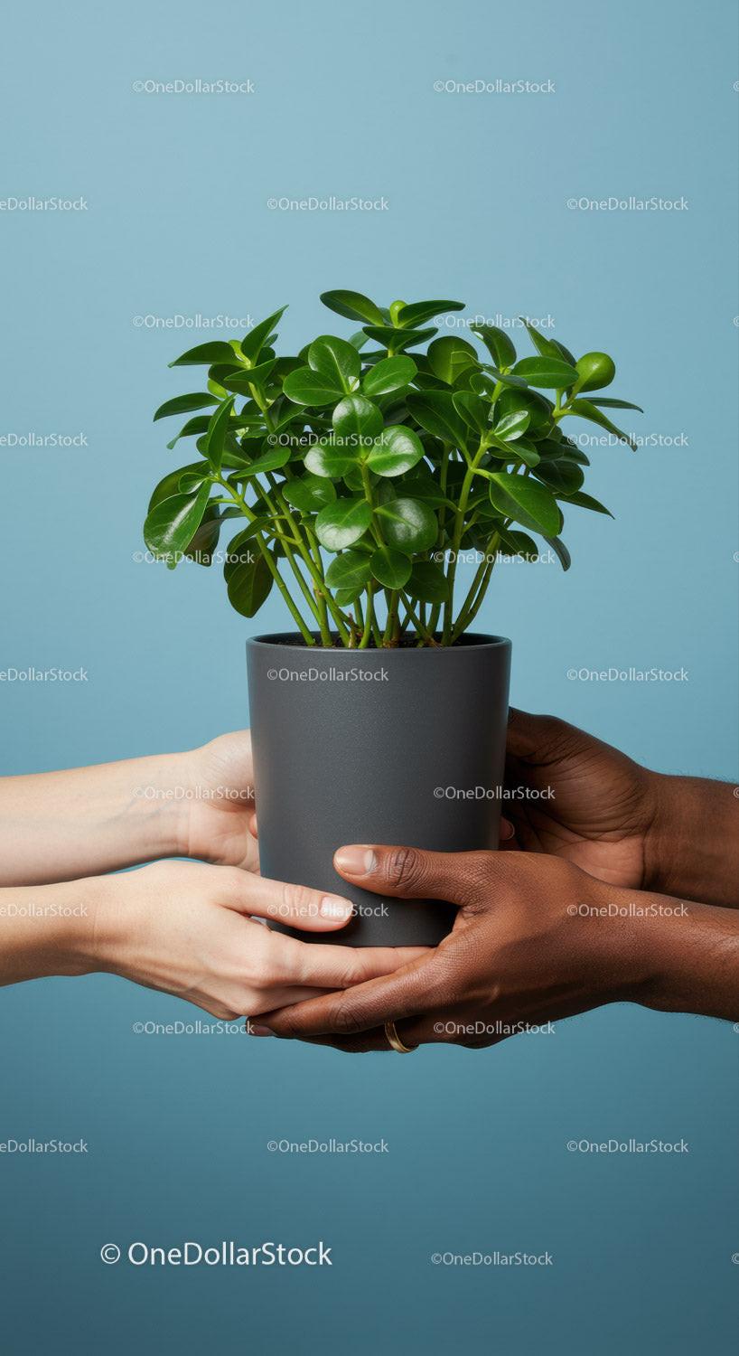 Two pairs of hands holding green potted plant together