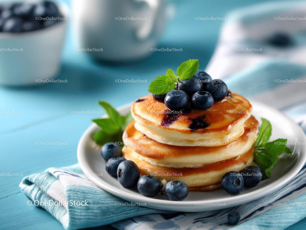Stack of Blueberry Pancakes with Fresh Blueberries and Mint on a Plate Stock Photo Bundle preview 9