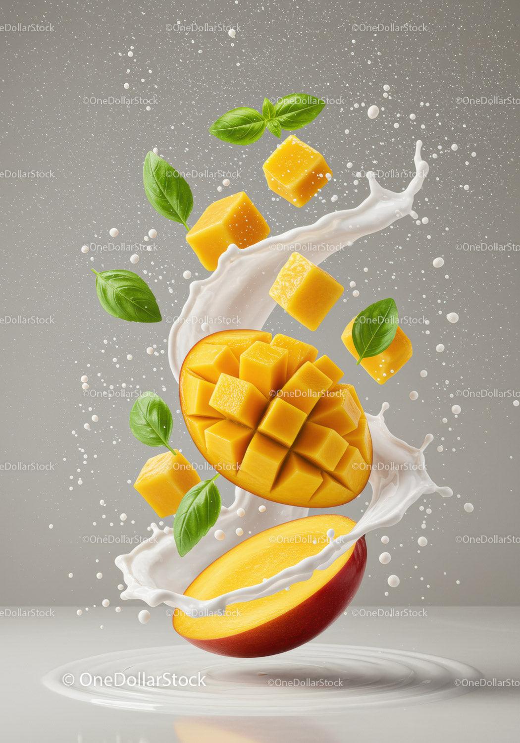 Fresh mango cubes with basil and milk splash